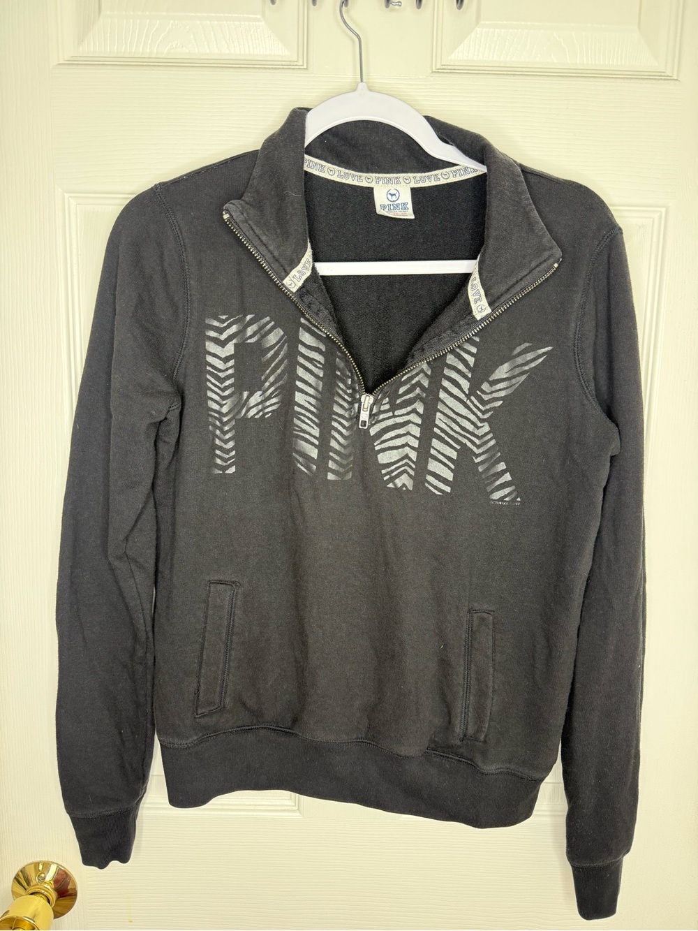 Victoria’s Secret PINK Black LOVE Zebra Half Zip Fleece Pullover